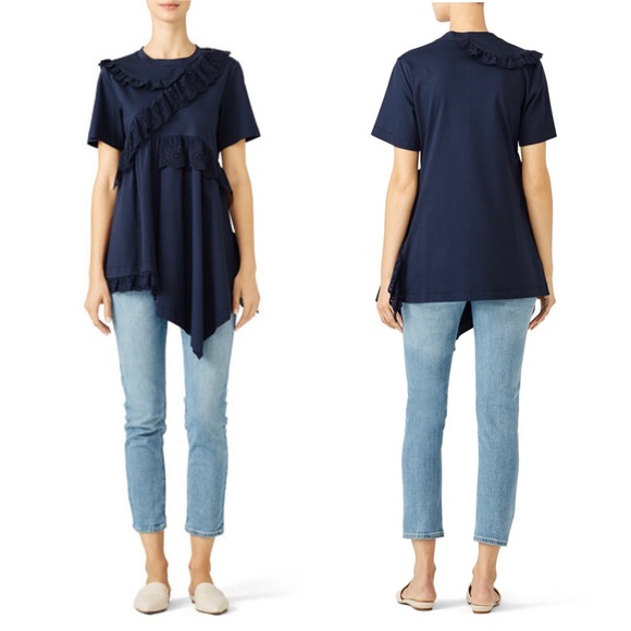 Goen. J Disconnect Eyelet Ruffle Top in Navy Blue - Picture 1 of 9